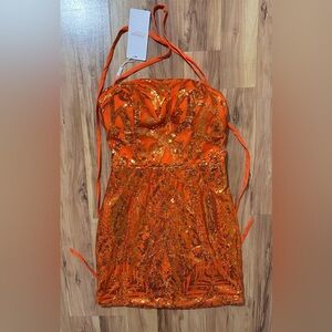 Weinaze Orange & Gold Sequin Halter Mini Dress Size 6 NWT